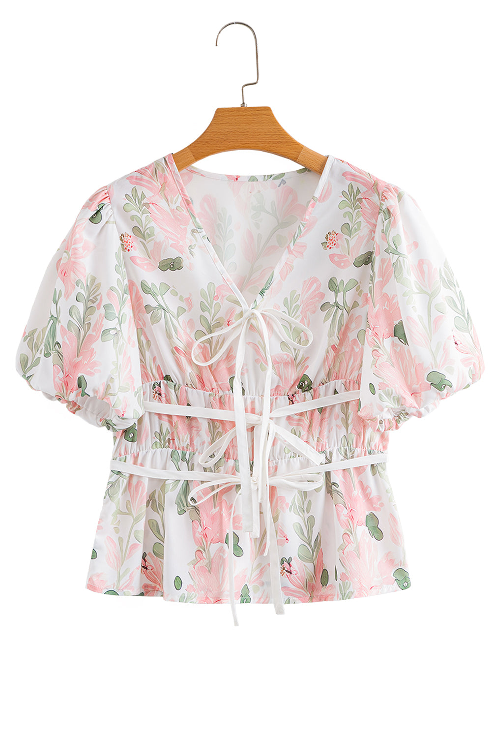 Pink Floral Puff Sleeve V Neck Tied Front Peplum Blouse 🇨🇳