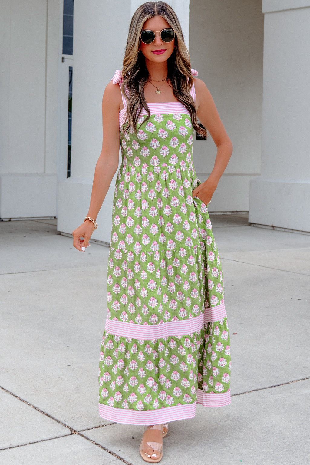 Green Floral Print Striped Detail Knot Straps Maxi Dress 🇺🇸