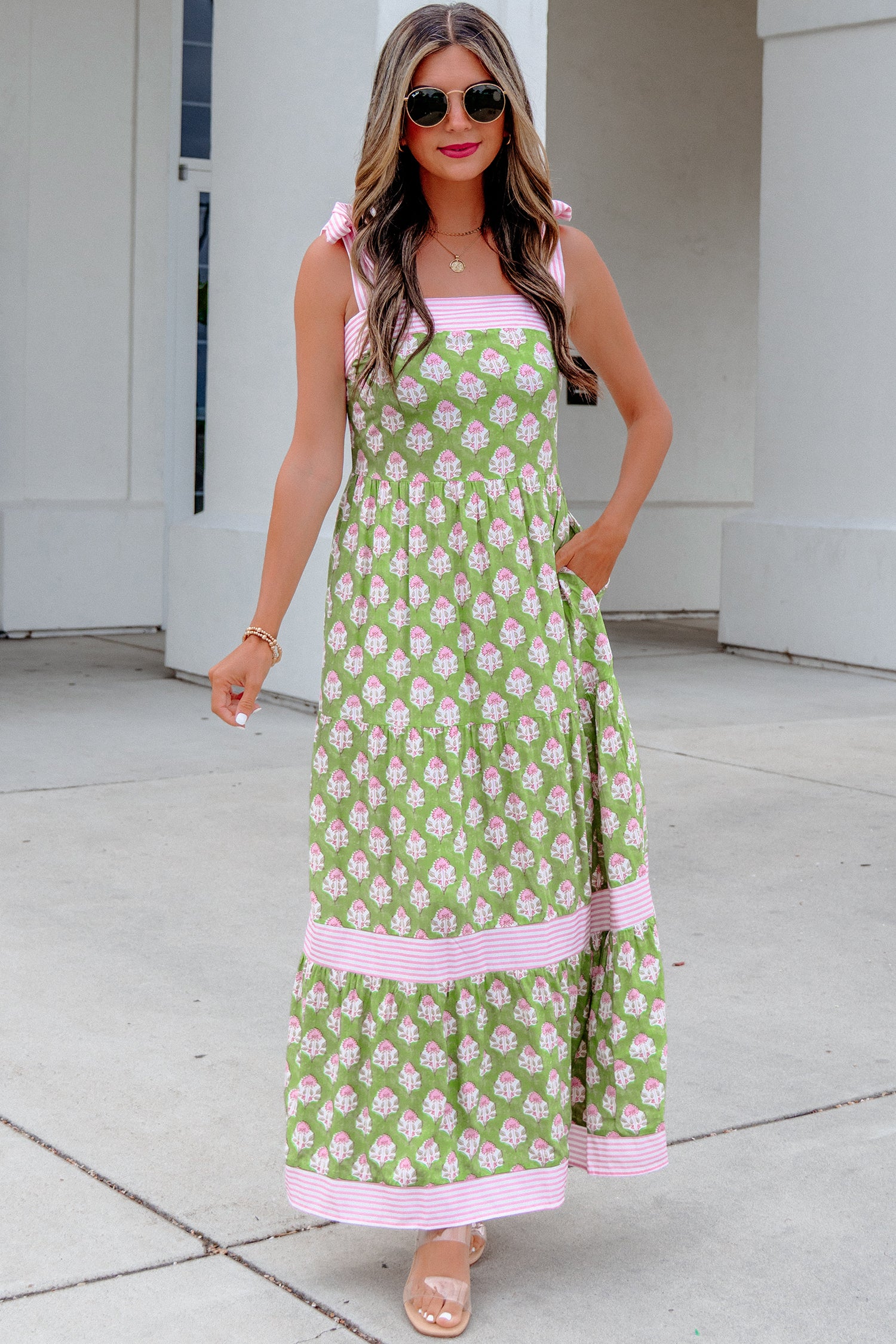 Green Floral Print Striped Detail Knot Straps Maxi Dress 🇺🇸