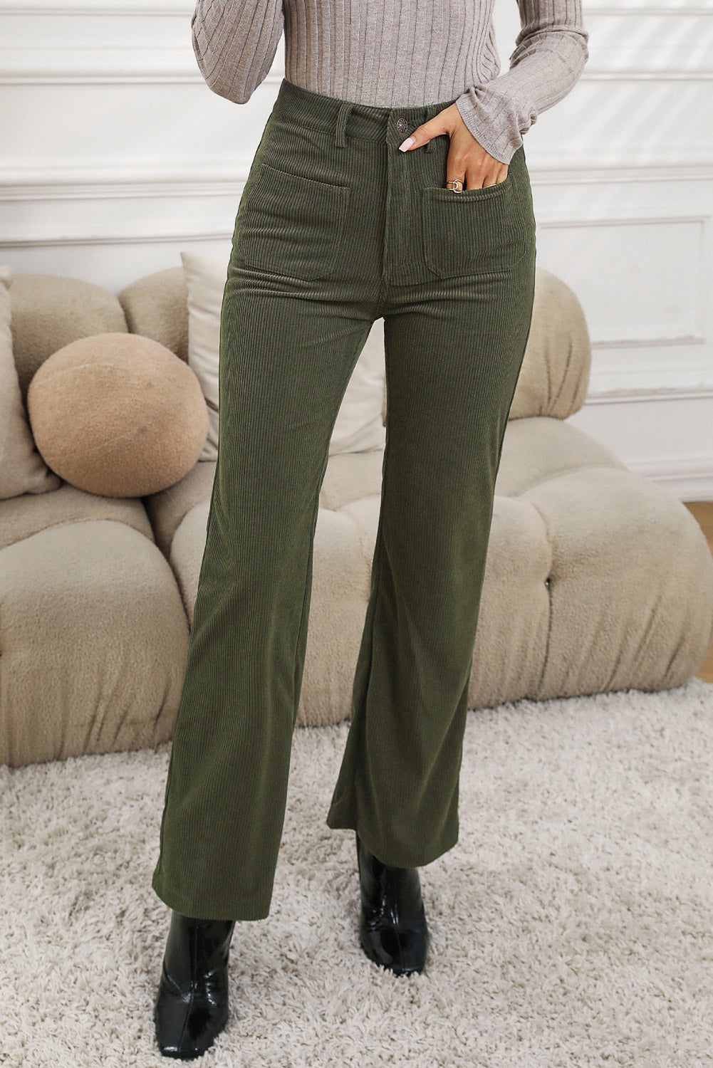 Green High Waist Square Pockets Corduroy Pants 🇺🇸