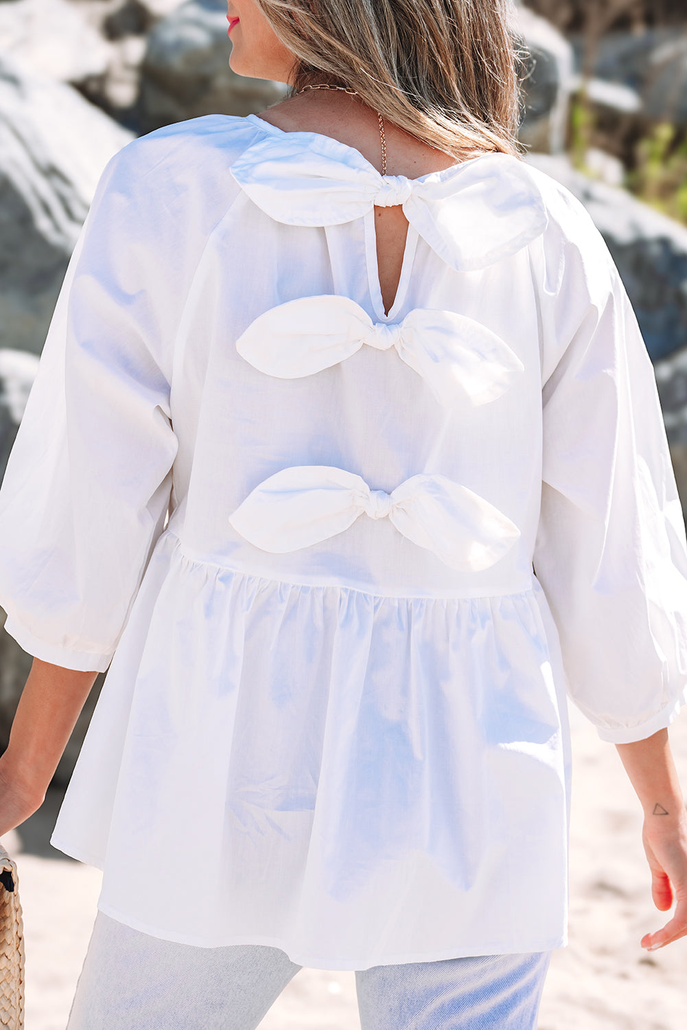 White Bow Knot Cutout Back Loose Fit 3/4 Sleeve Blouse 🇺🇸