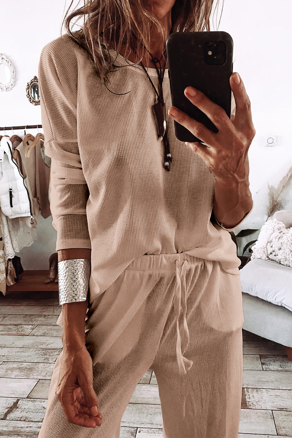 Parchment Textured Long Sleeve T Shirt and Pants Lounge Set 🇨🇳