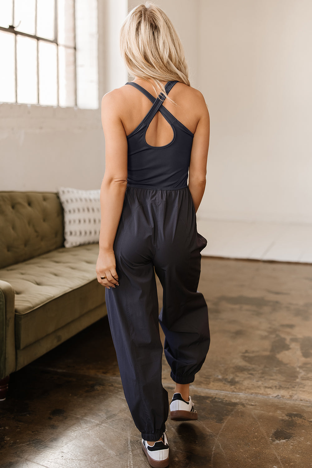 Carbon Grey Back Crossed Straps Hollow Out Jogger Jumpsuit 🇺🇸