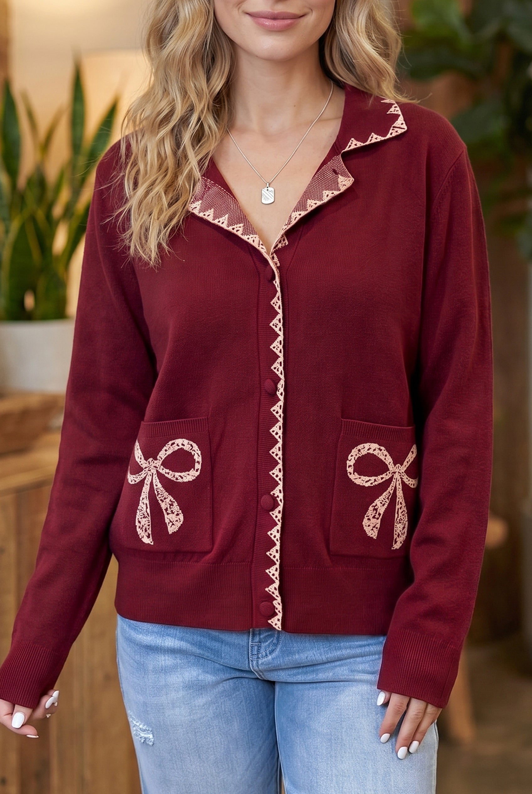 Burgundy Bow Pocket Collar Long Sleeve Knit Cardigan 🇺🇸