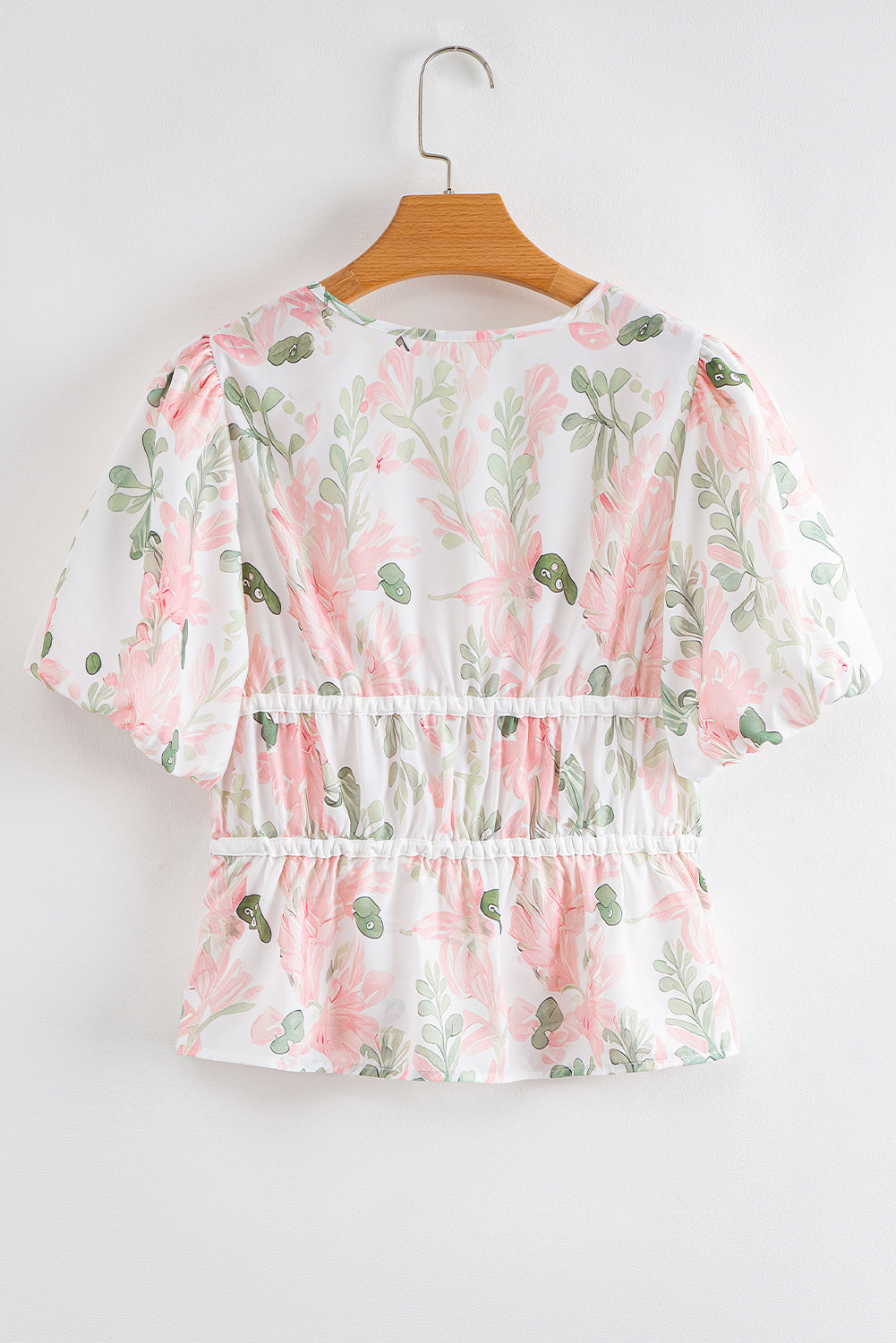 Pink Floral Puff Sleeve V Neck Tied Front Peplum Blouse 🇨🇳