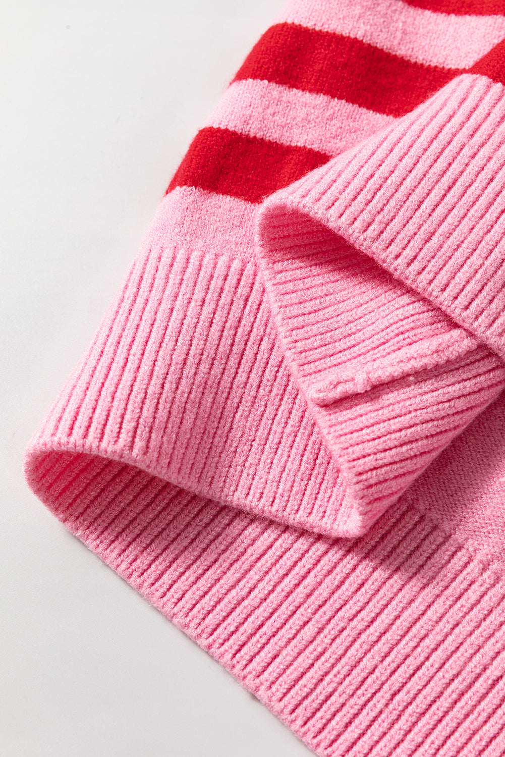 Pink Stripe Bubble Sleeve Drop Shoulder Ribbed Trim Sweater 🇺🇸