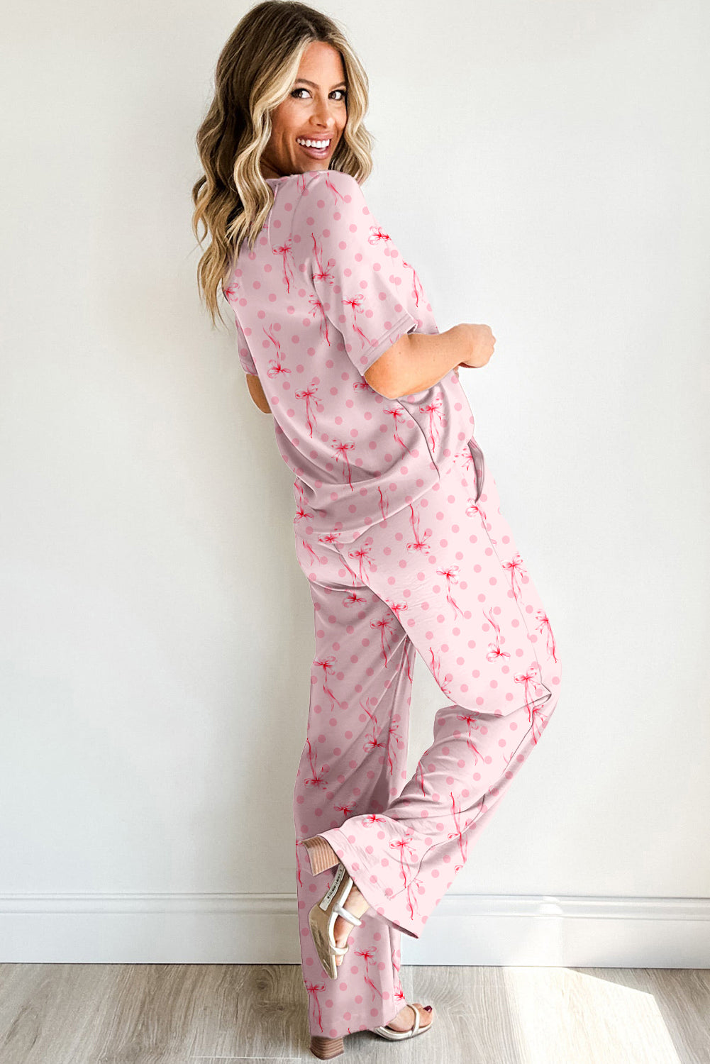 Pink Bow Knot Polka Dot Print Short Sleeve Top Lounge Set 🇺🇸