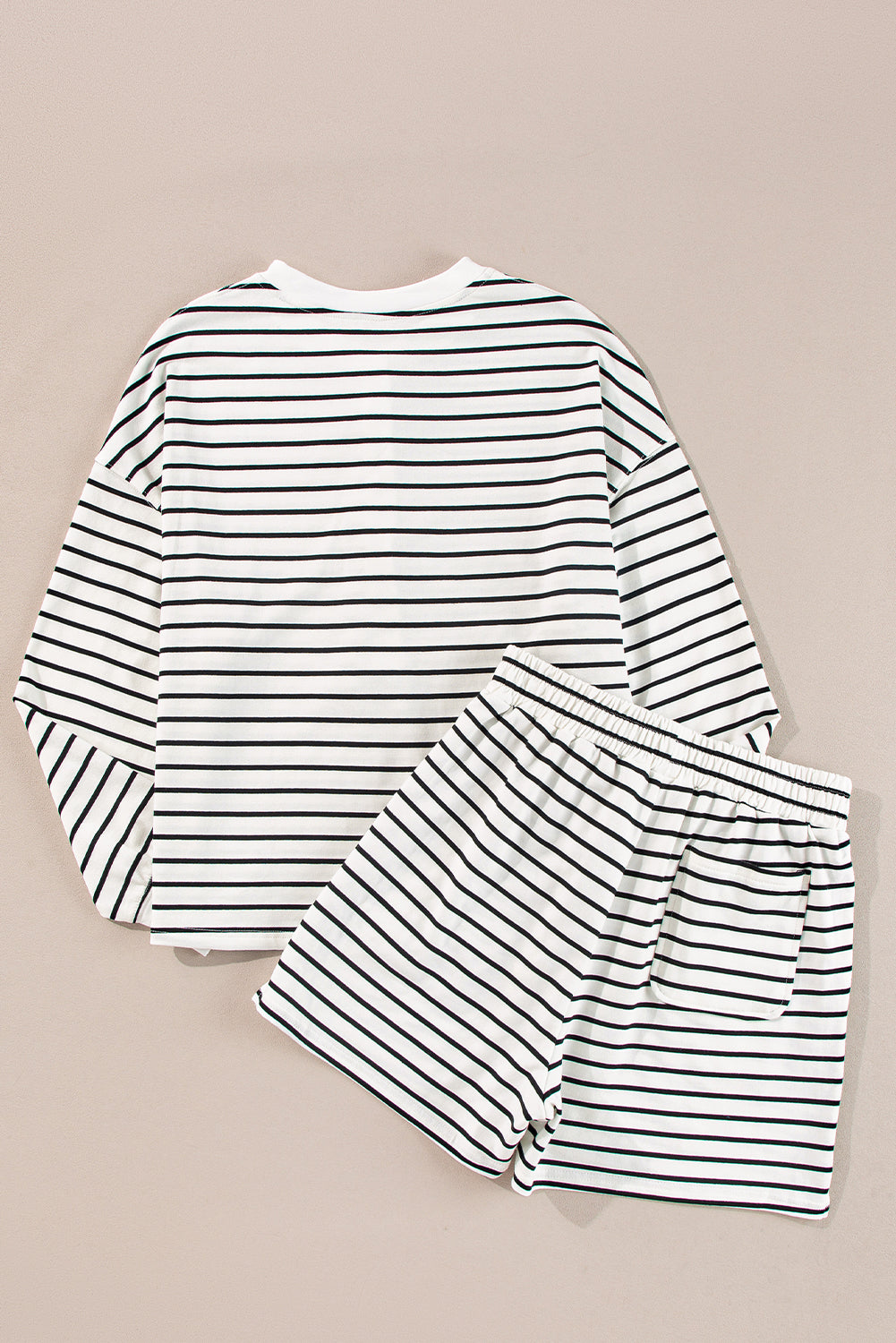 Black white Stripes Printed Half Button Long Sleeve Top and Shorts Set 🇨🇳