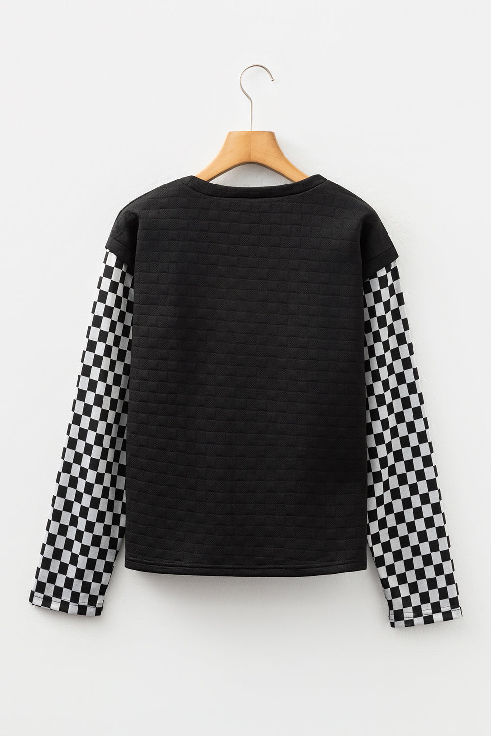 Black Plaid Textured Contrast Checkered Patchwork Long Sleeve Top 🇺🇸