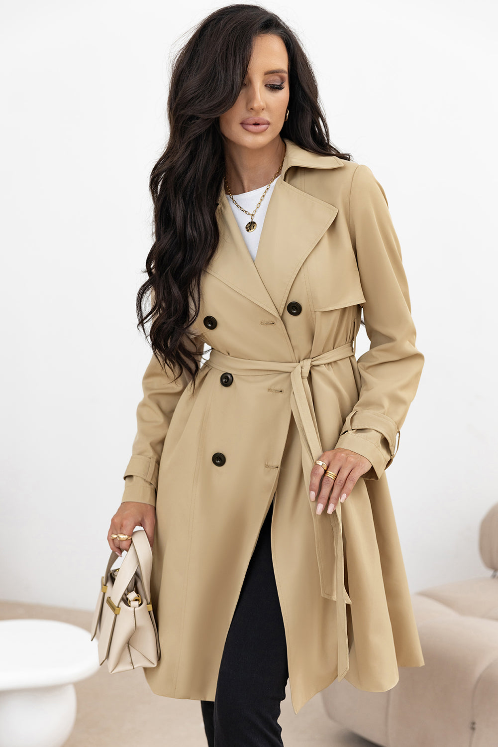 Pale Khaki Solid Color Lapel Collar Waist Tie Wind Coat 🇺🇸