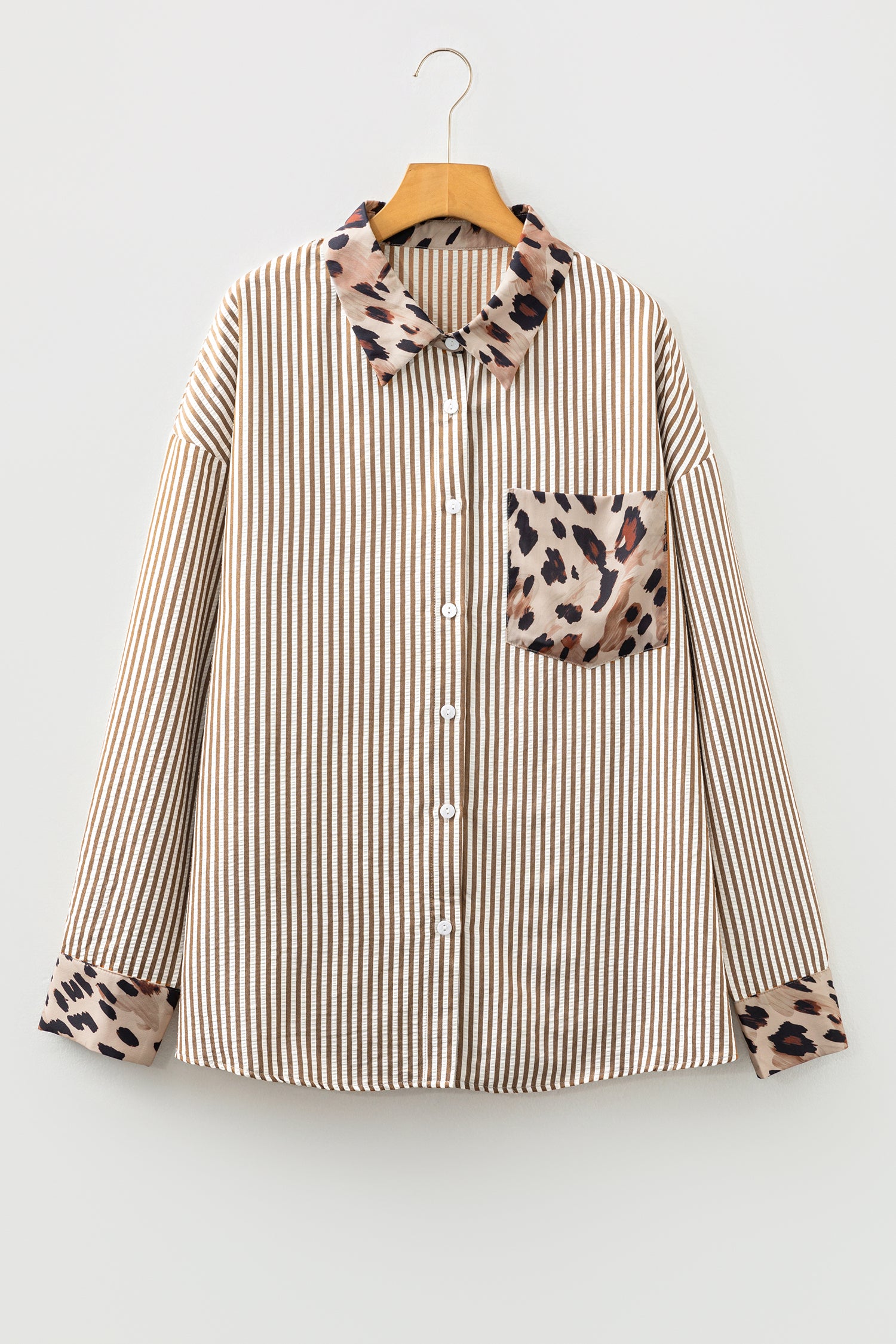 Brown Stripe Leopard Patched Collared Chest Pocket Cuffed Long Sleeve Plus Size Shirt 🇺🇸