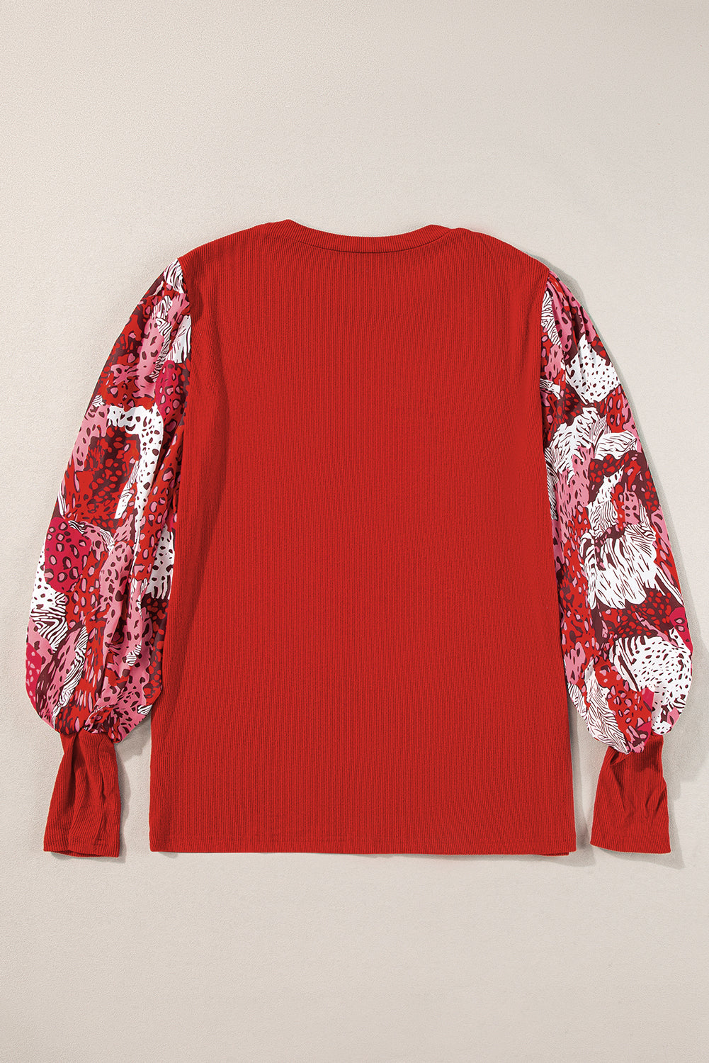 Fiery Red Contrast Mixed Animal Print Lantern Sleeve Patchwork Top 🇺🇸