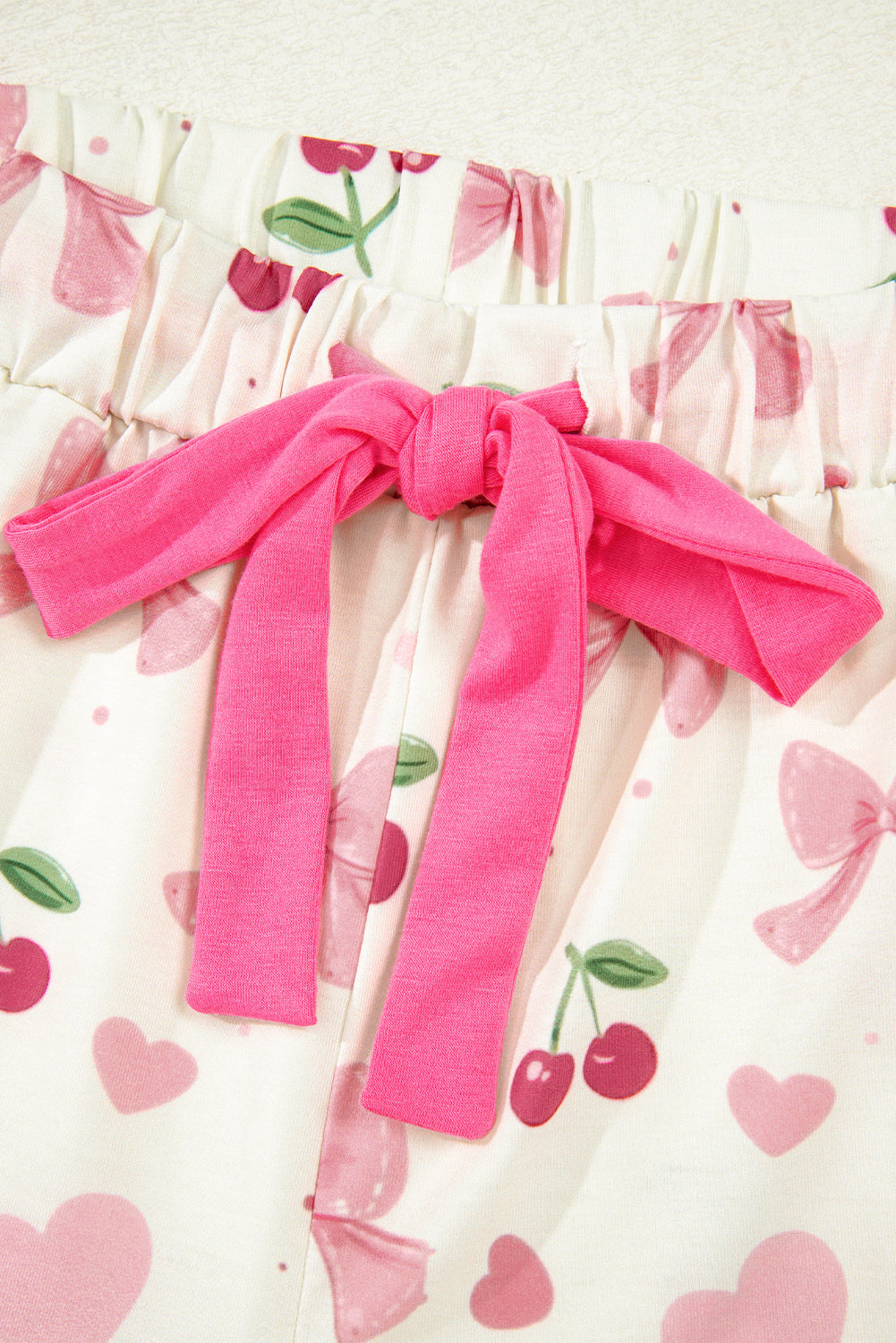 Beige Bow Fruit Print Contrast Pipping Short Pajamas Set 🇨🇳