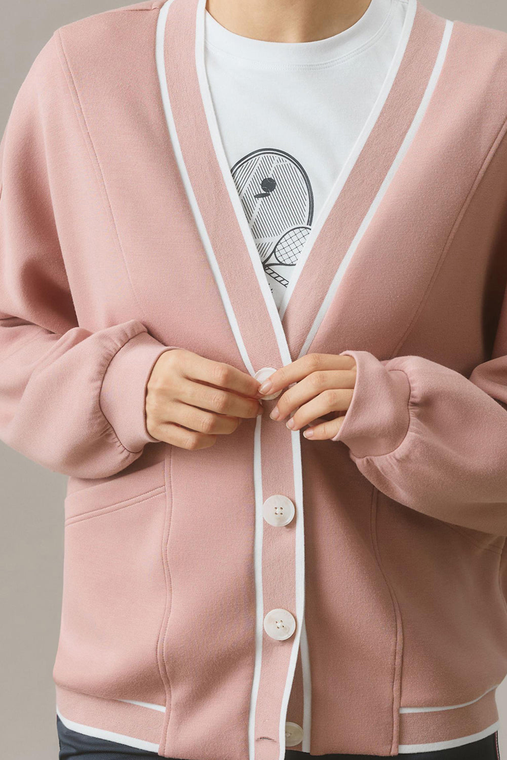 Pink Stripe Contrast Trim V Neck Buttoned Front Pocketed Knit Cardigan 🇺🇲