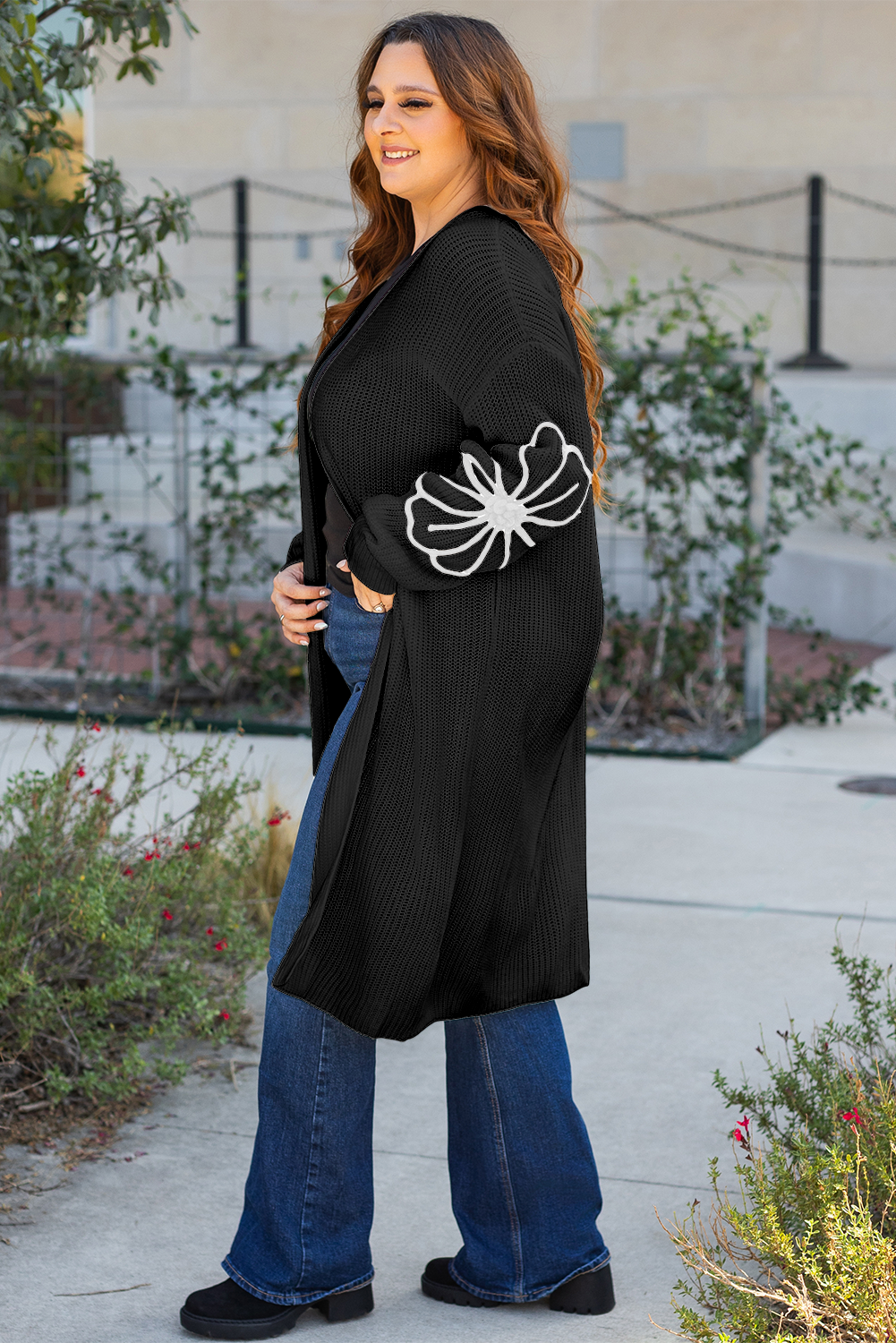 Black Flower Embroidered Drop Shoulder Open Front Duster Cardigan 🇨🇳
