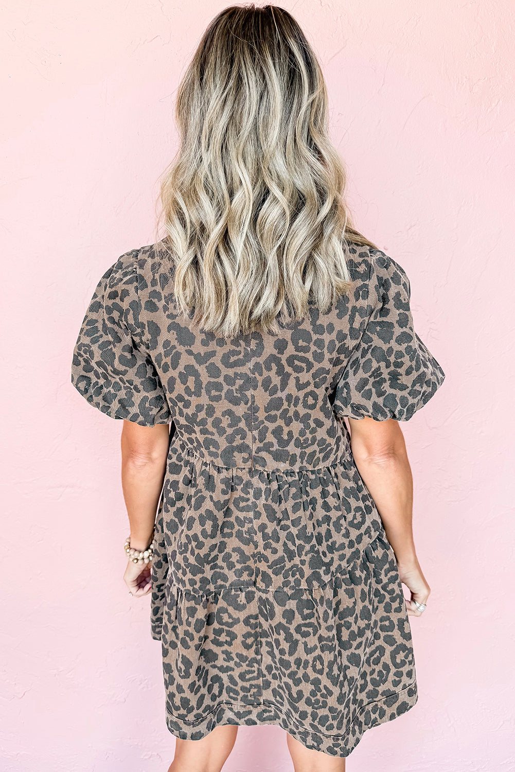 Brown Denim Leopard Printed Short Puff Sleeve Mini Dress 🇨🇳
