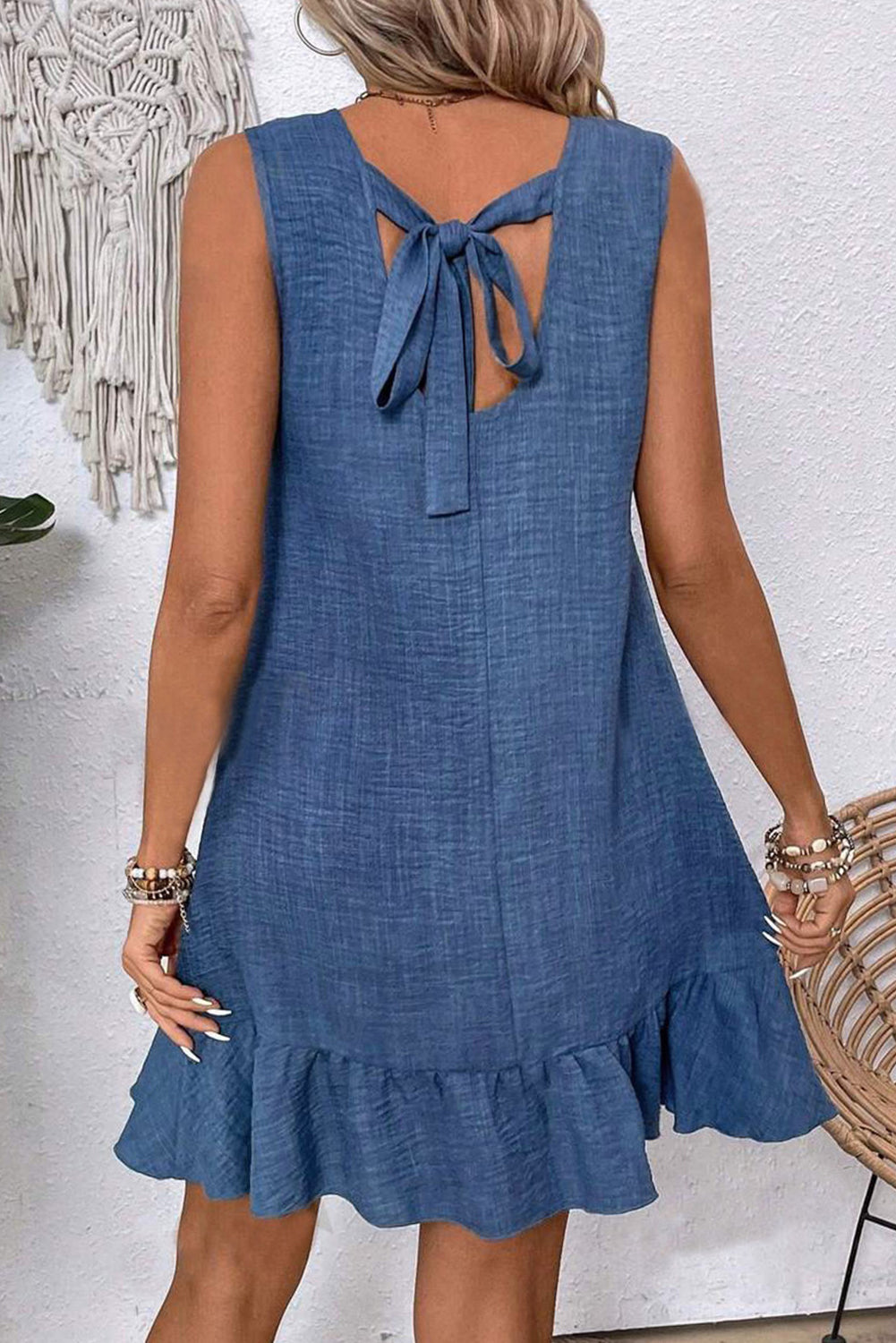 Ashleigh Blue Knot Scoop Back Ruffle Hem Sleeveless Mini Dress 🇨🇳