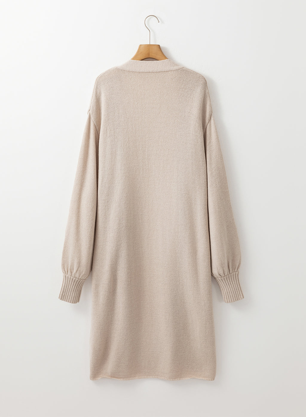 Beige Side Pockets Open Front Long Knitted Cardigan 🇨🇳