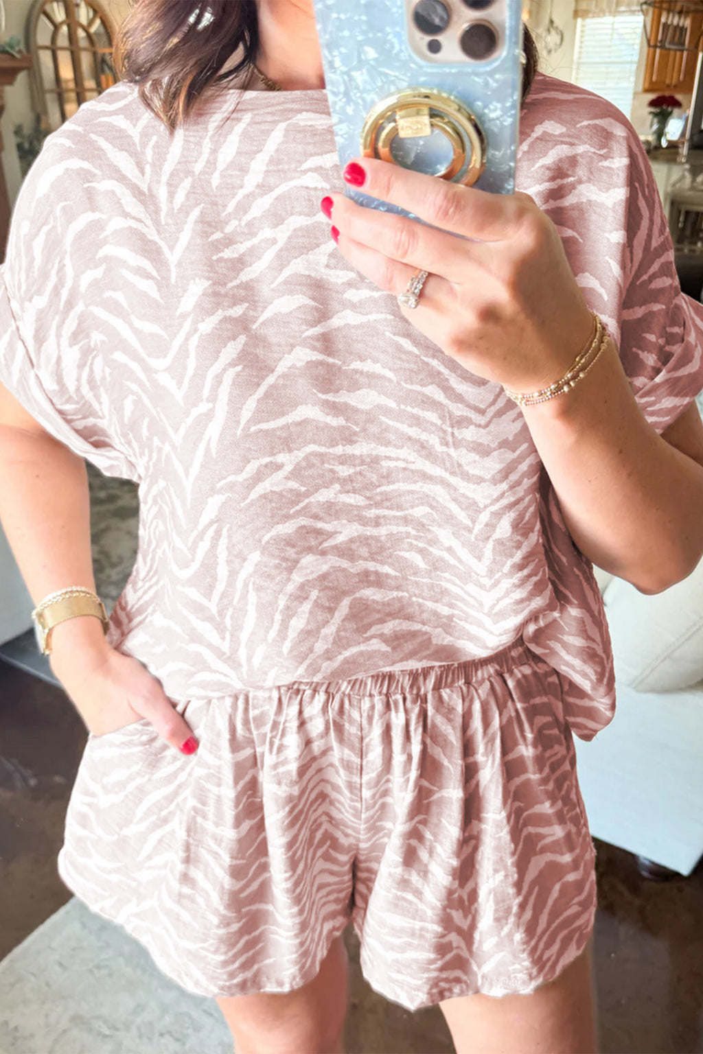 Khaki Abstract Print Cuffed Short Sleeve Loose Top Short Set 🇺🇸