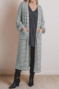 Khaki Stripe Long Puff Sleeve Open Front Oversized Long Cardigan 🇺🇸