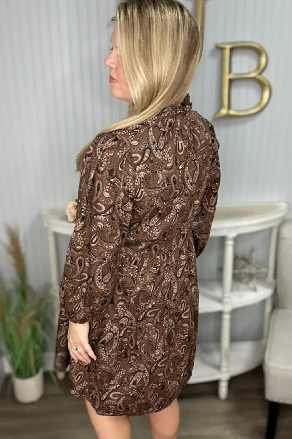 Brown Paisley Print Half Buttons Puff Sleeve Flowy Short Dress 🇺🇸