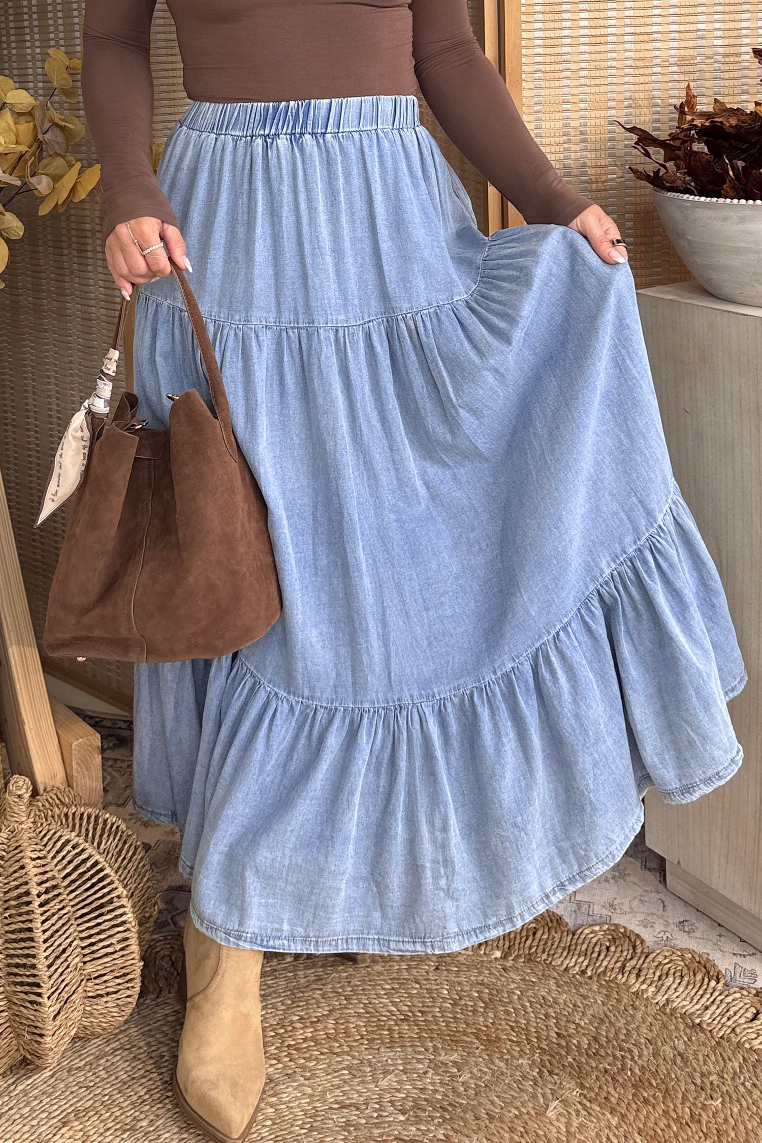 Black Elastic Waist Ruffled Tiered Flared Denim Maxi Skirt