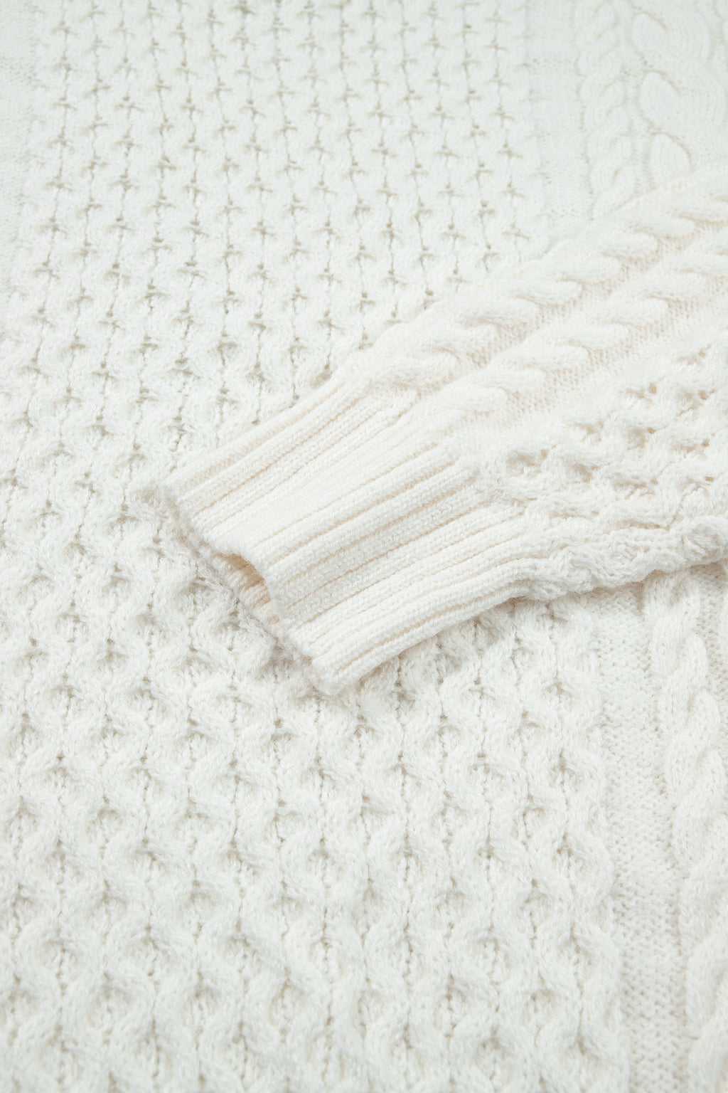 Beige Solid Color Cable Detail Knit Loose Round Neck Sweater 🇺🇸