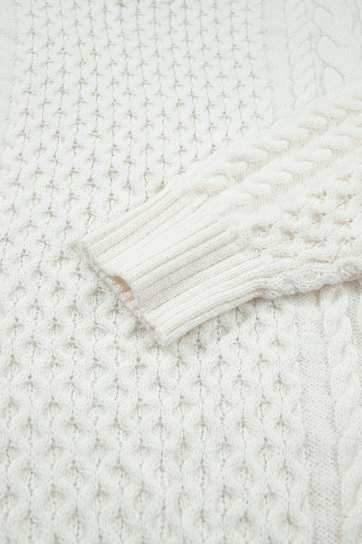 Beige Solid Color Cable Detail Knit Loose Round Neck Sweater 🇺🇸
