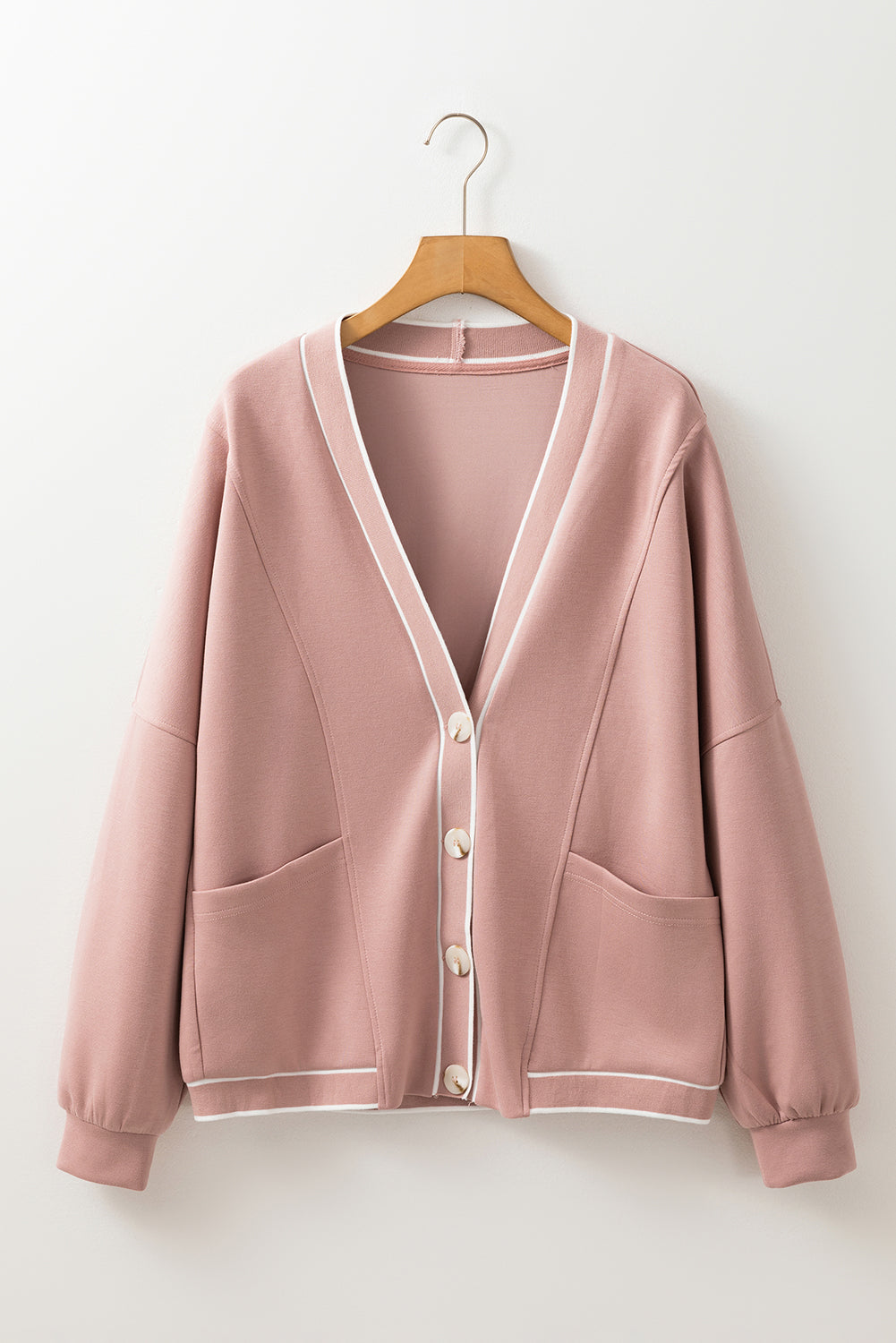 Pink Stripe Contrast Trim V Neck Buttoned Front Pocketed Knit Cardigan 🇺🇲