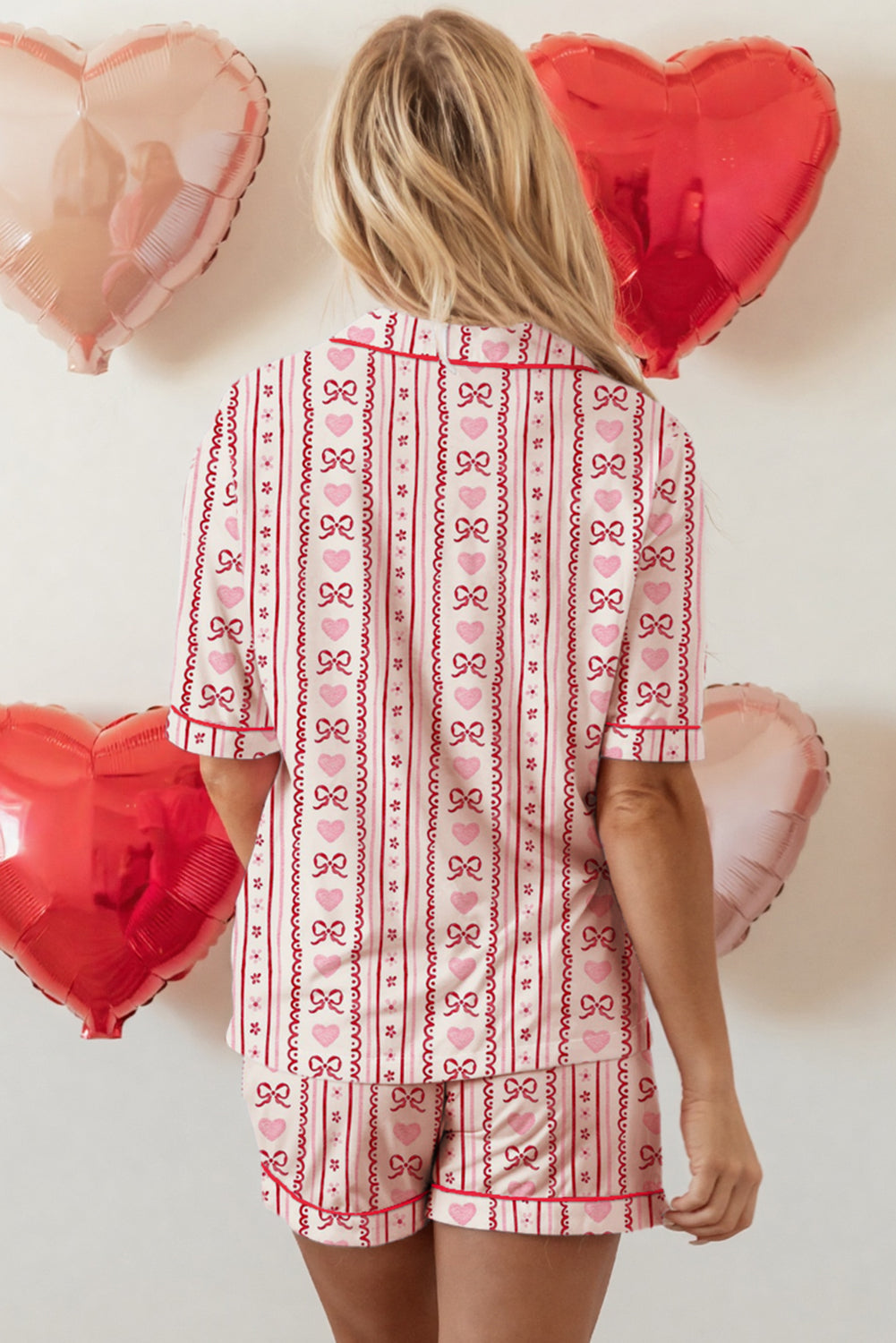 Red Cute Bow Heart Print Ribbon Decor Short 2pcs Pajama Set 🇺🇸