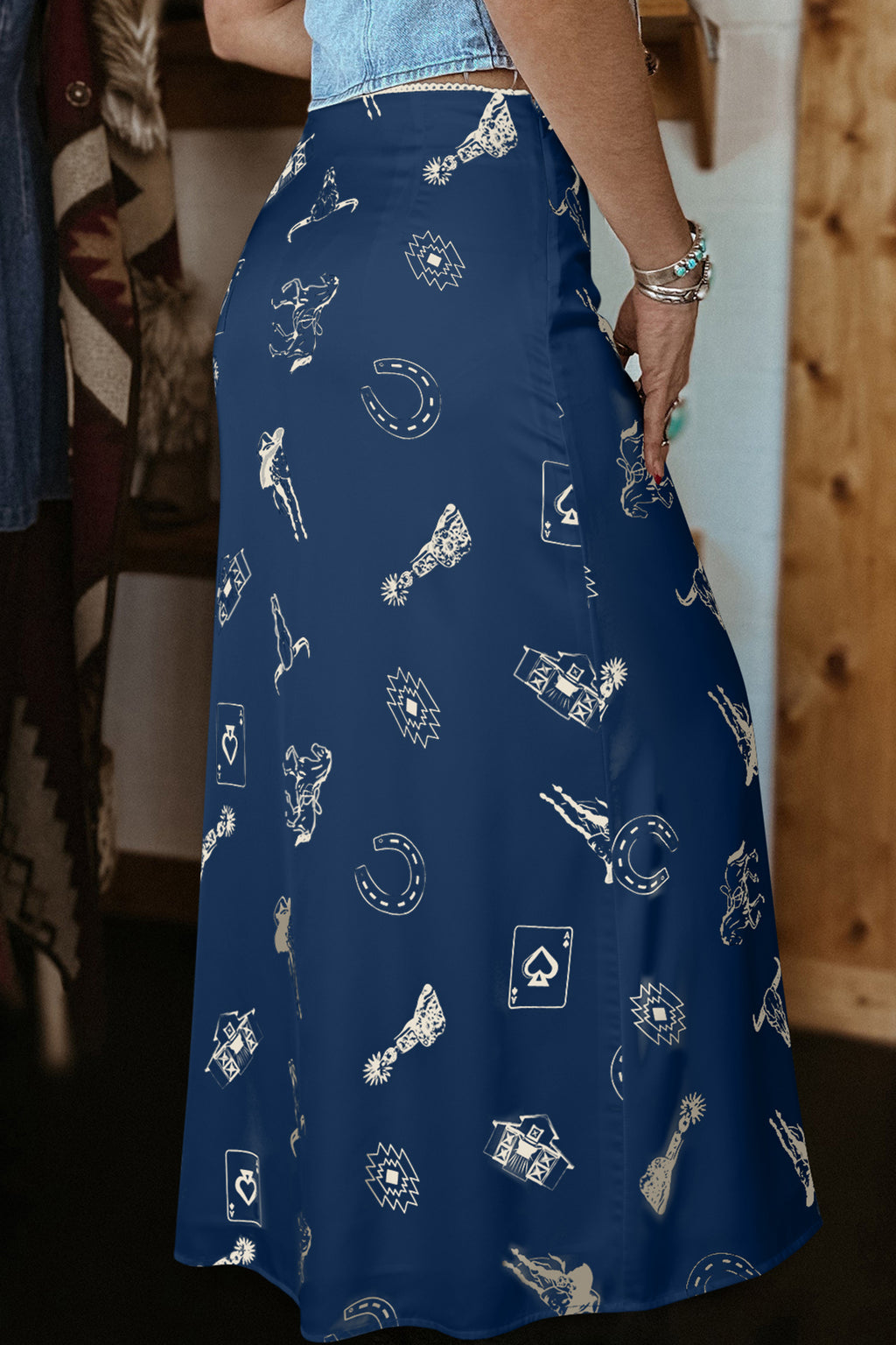 Navy Blue Western Print Satin Long Skirt 🇺🇸