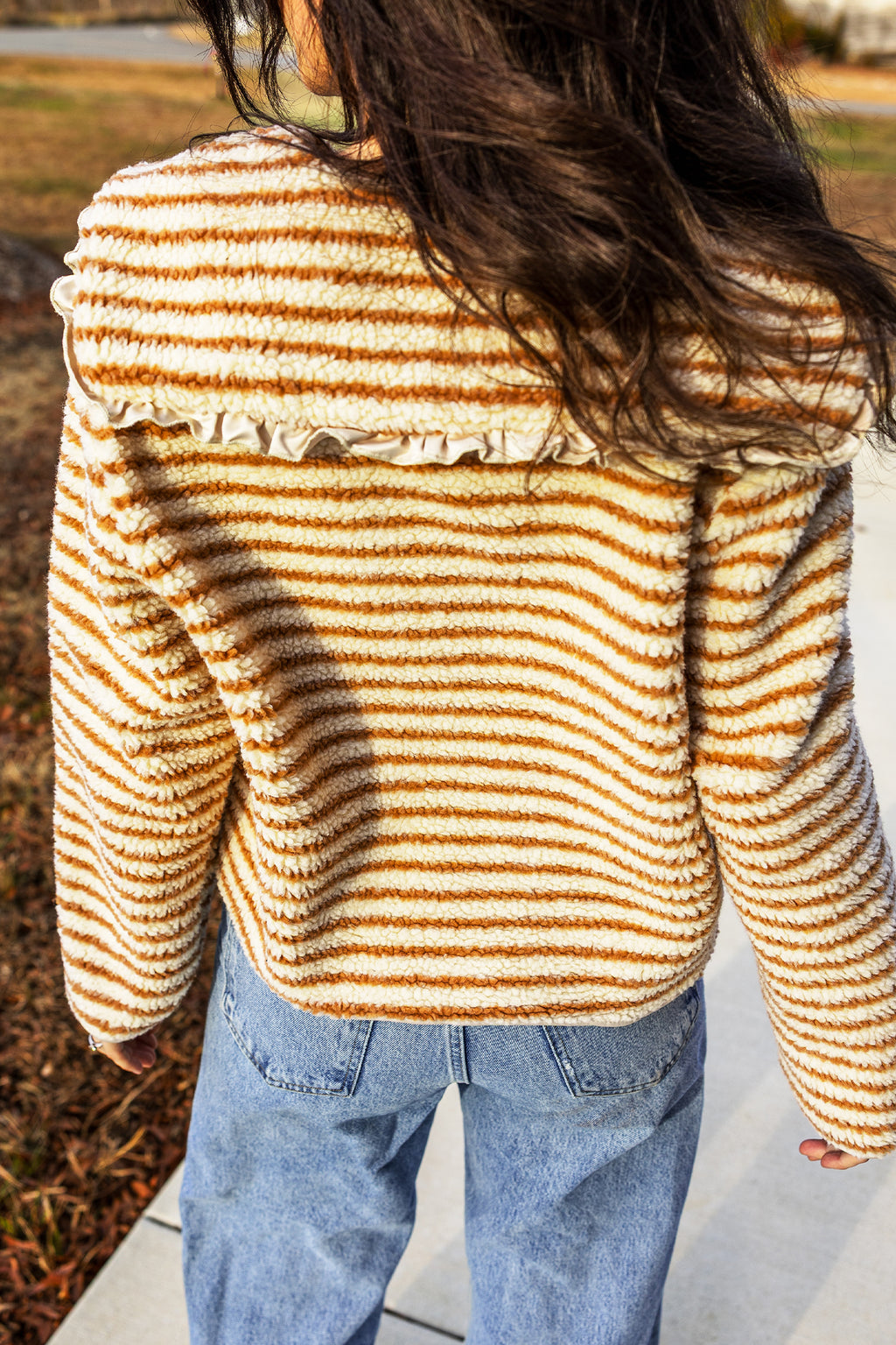 Brown Stripe Striped Fleece Button Front Long Sleeve Regular Fit Jacket 🇺🇸