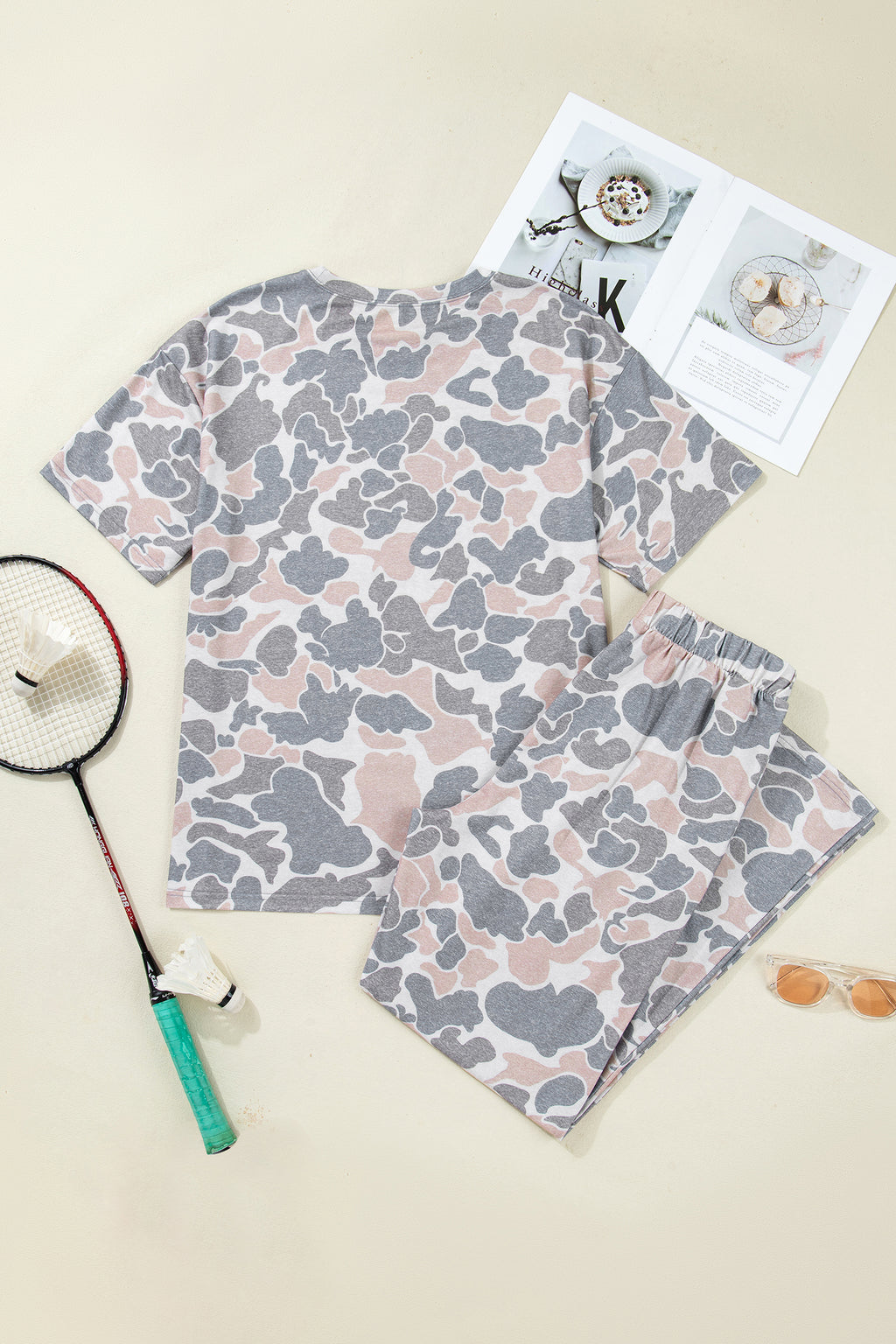Multicolour Camouflage Short Sleeve Top and High Waist Wide Leg Pants Set 🇺🇸