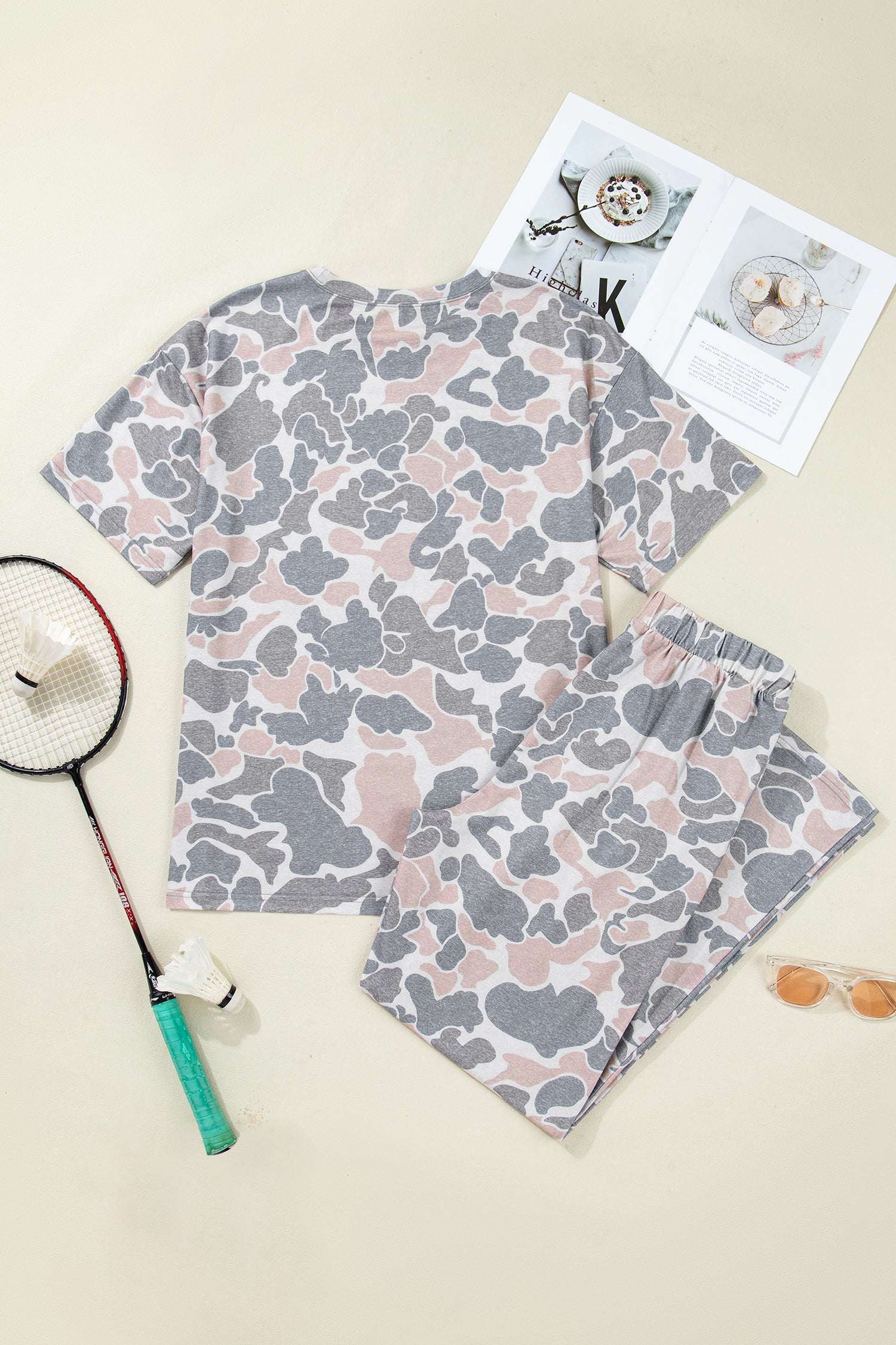 Multicolour Camouflage Short Sleeve Top and High Waist Wide Leg Pants Set 🇺🇸