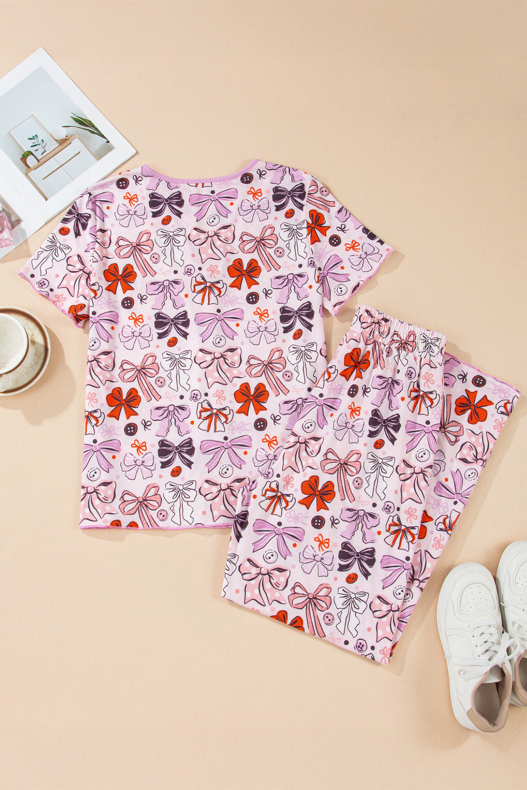 Pink Diverse Bows Buttons Printed Contrast Trim Short Sleeve Shirt Pajama Pant Set 🇺🇸