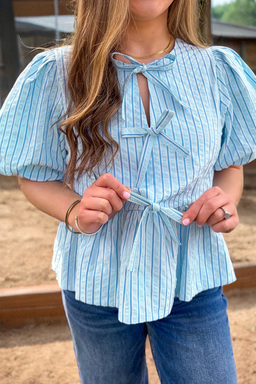 Sky Blue Stripe Bow Knot Textured Short Puff Sleeve Babydoll Blouse 🇺🇸