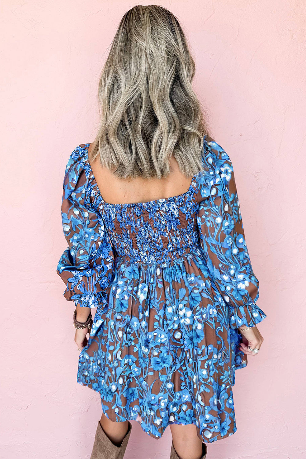 Blue Smocked Bodice High Waist Ruffled Sleeve Floral Dress 🇺🇸