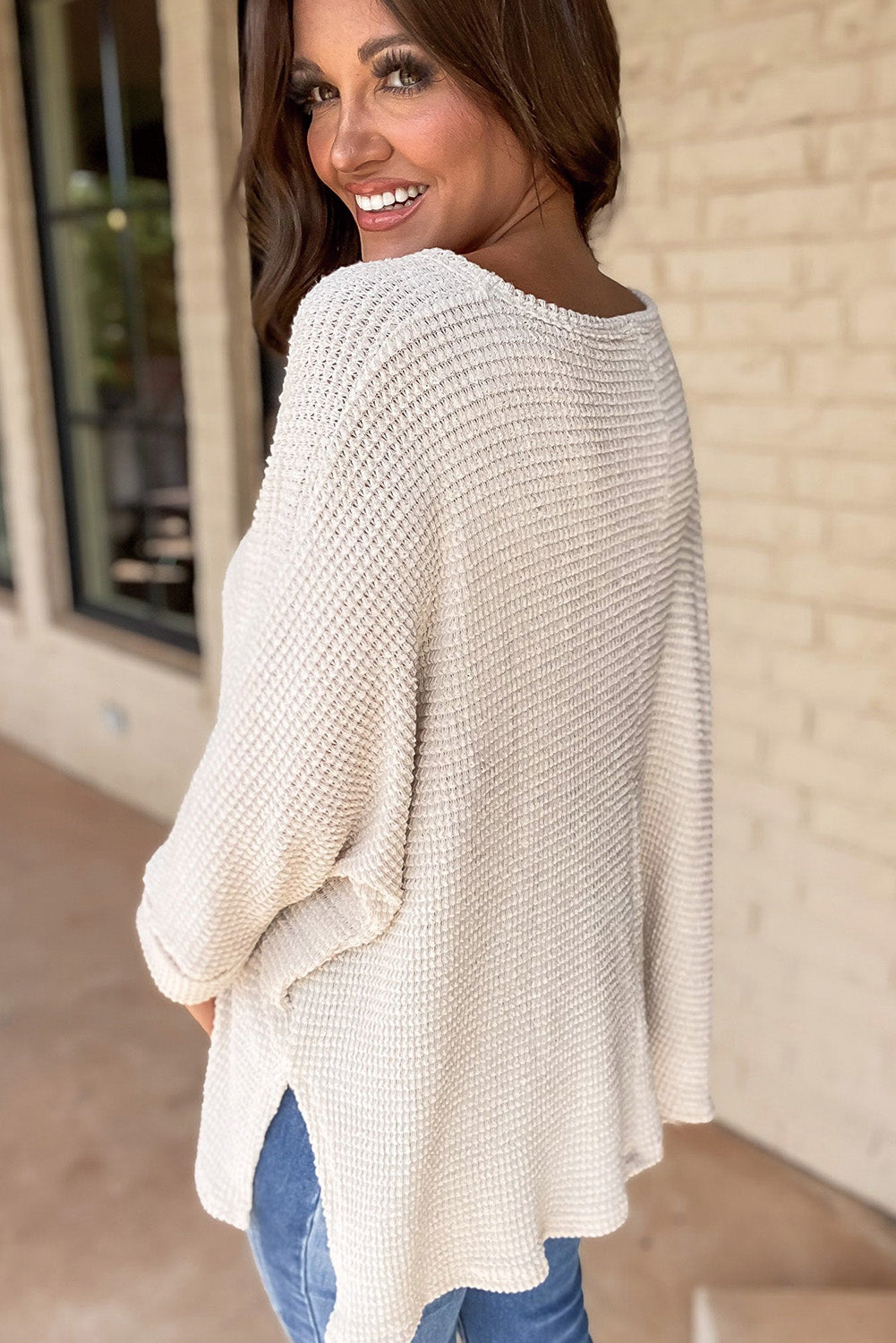 White Waffle Knit Side Slits Loose Fit V Neck Top 🇺🇲