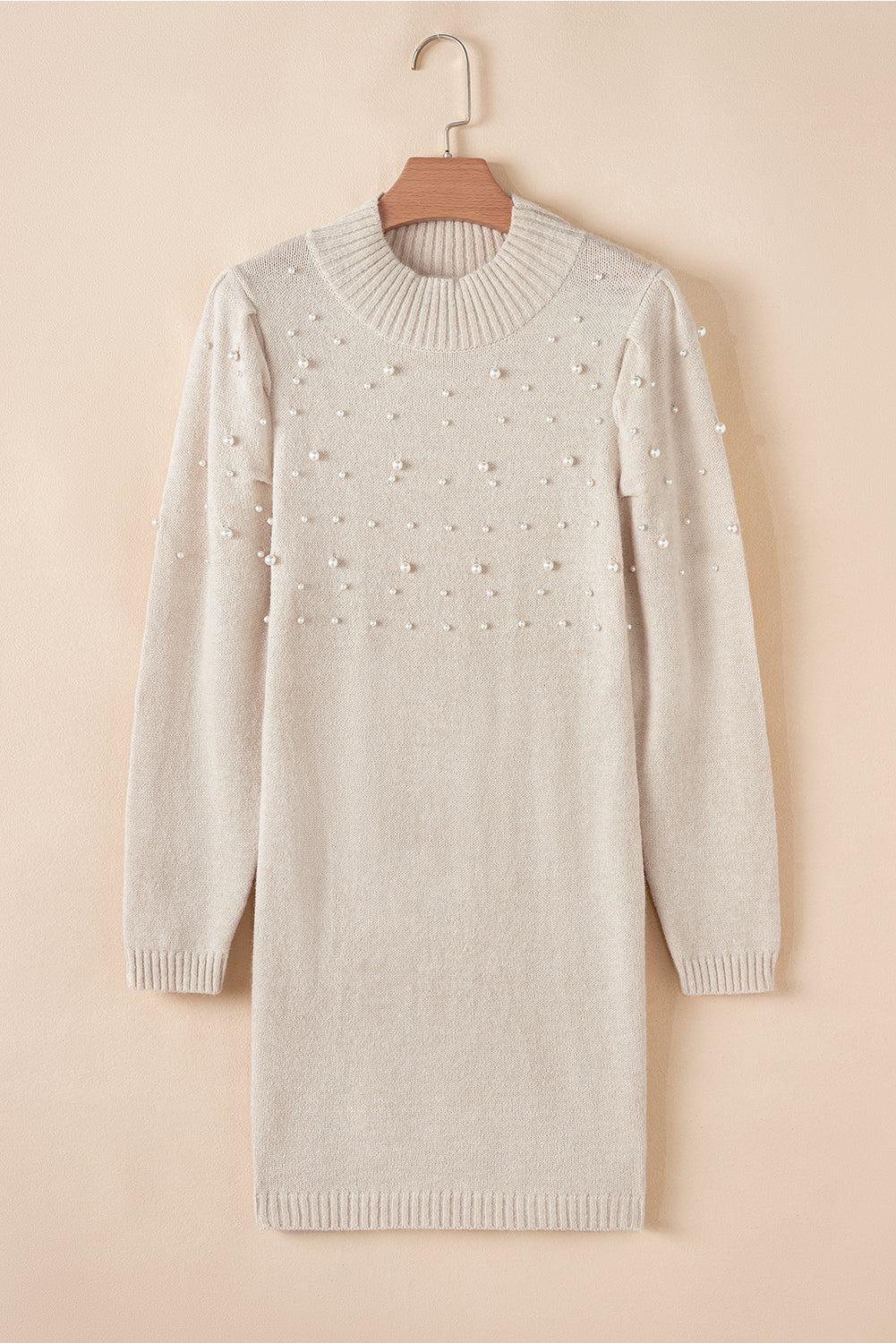 Parchment Pearl Beaded High Neck Bodycon Sweater Dress 🇺🇸