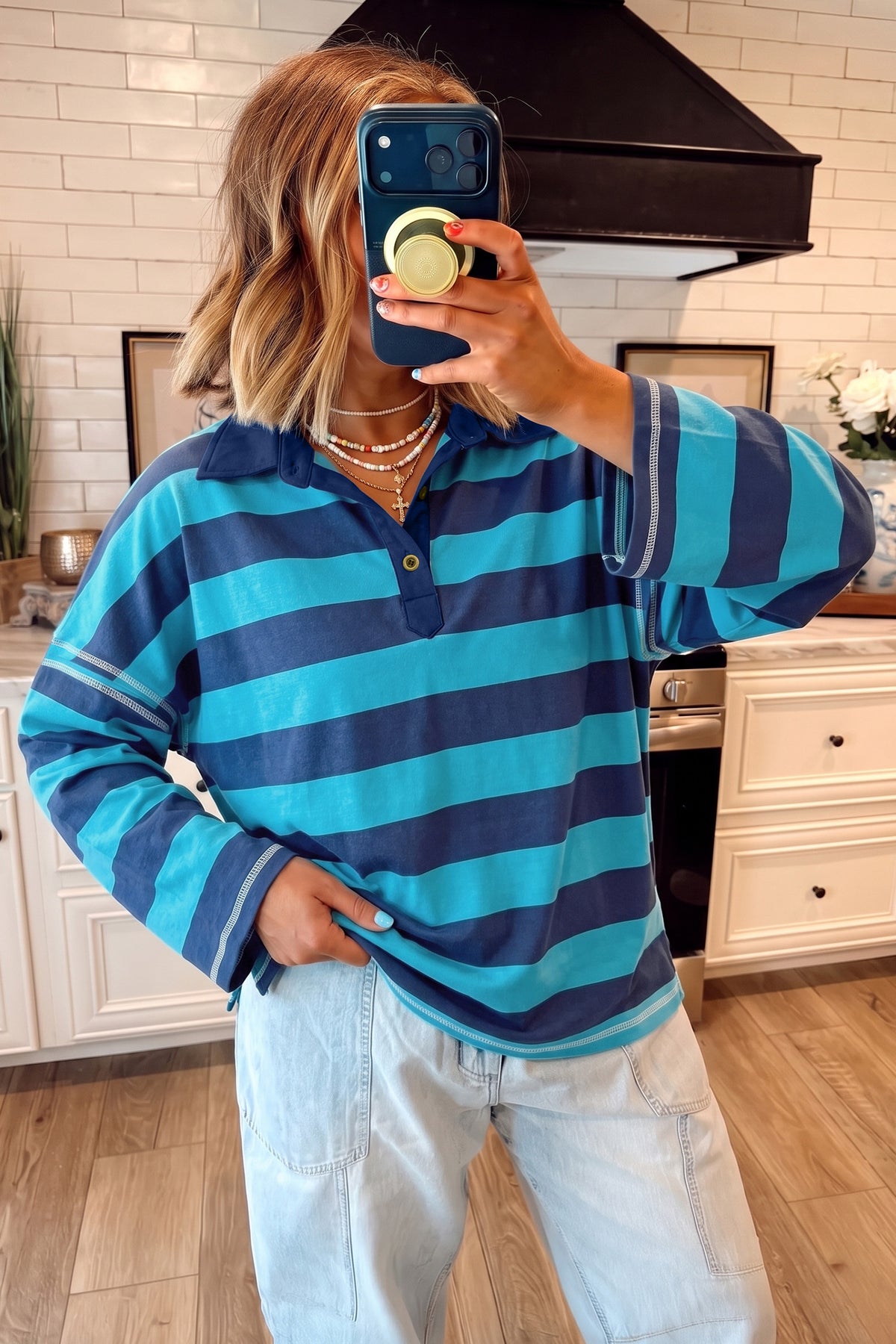 Blue Stripe Contrast Polo Collar Bracelet Sleeve Loose Top 🇺🇸