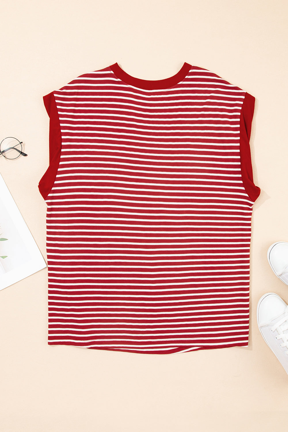 Red Stripe Chest Pocket Patch Round Neck Tank Top 🇨🇳