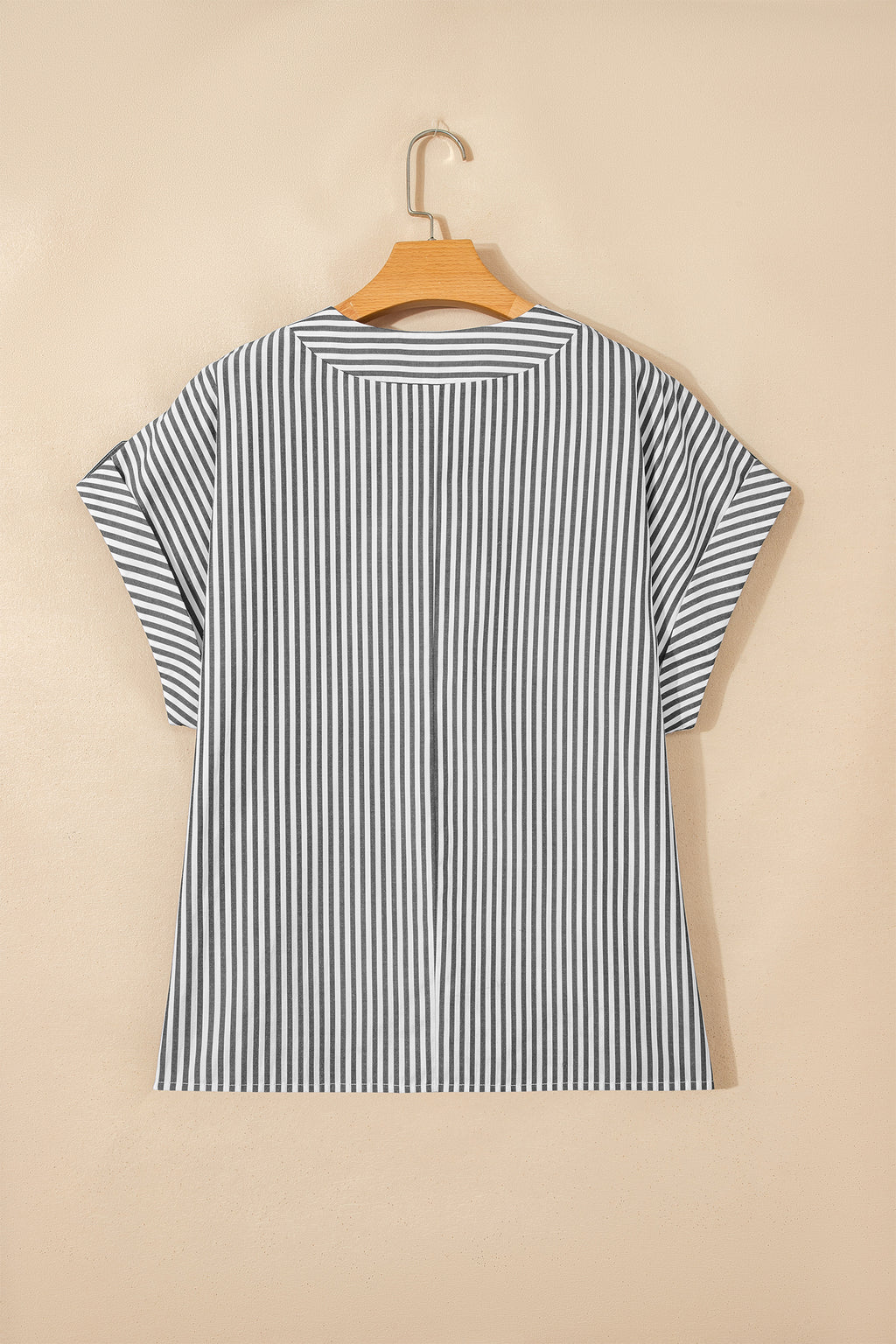 Black Stripe Plus Size V Neck Roll-tab Short Dolman Sleeve Blouse 🇺🇸