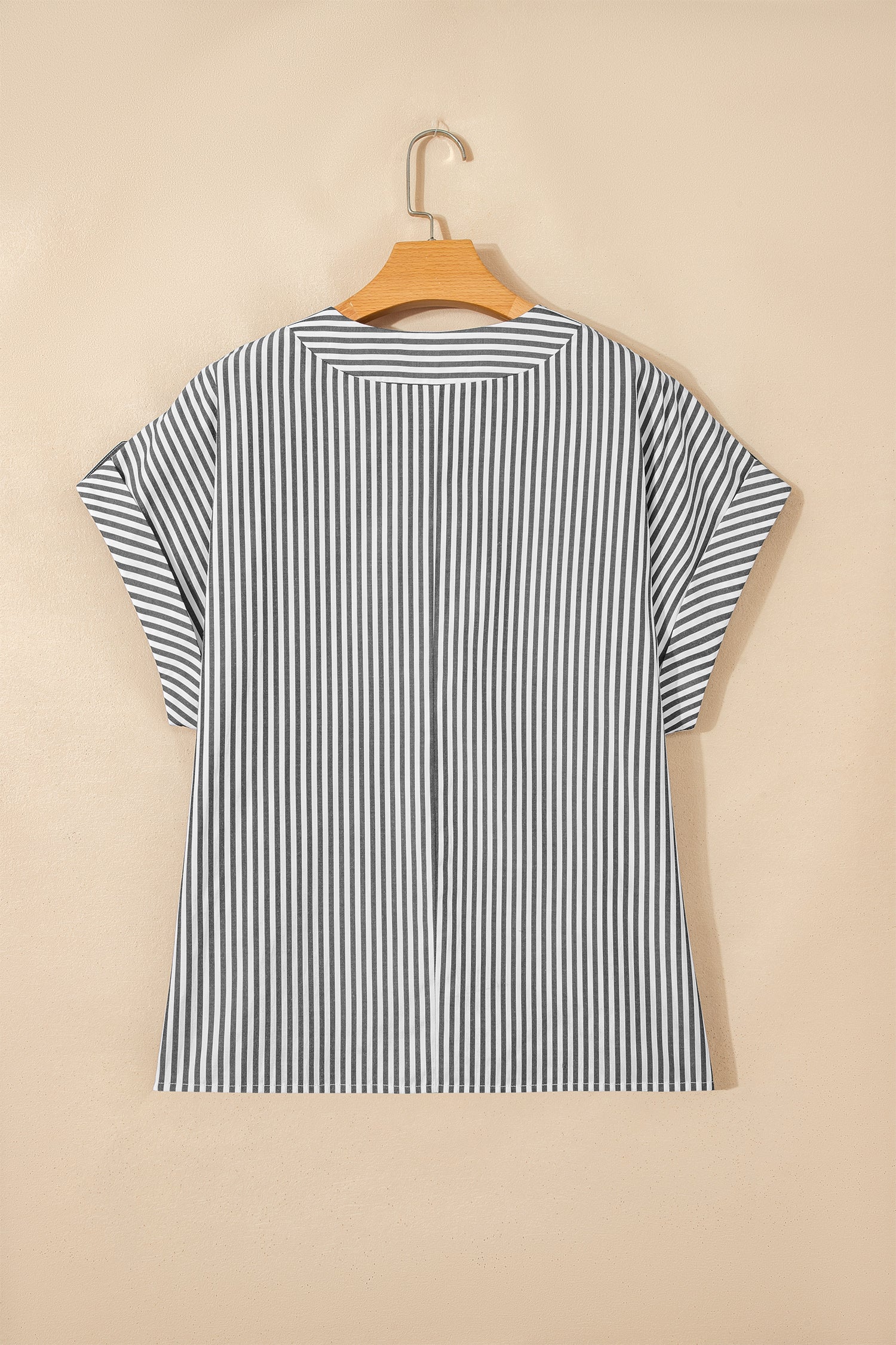 Black Stripe Plus Size V Neck Roll-tab Short Dolman Sleeve Blouse 🇺🇸
