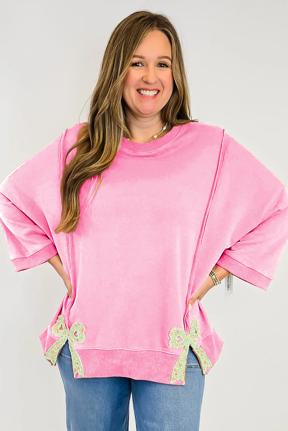 Pink Floral Bow Patched Exposed Seam Patchwork Slit Baggy Sweatshirt 🇺🇸