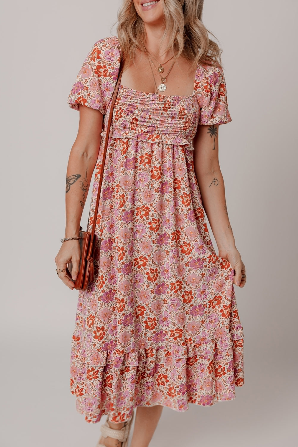 Pink Floral Square Neck Knotted Ruffle Midi Dress 🇨🇳