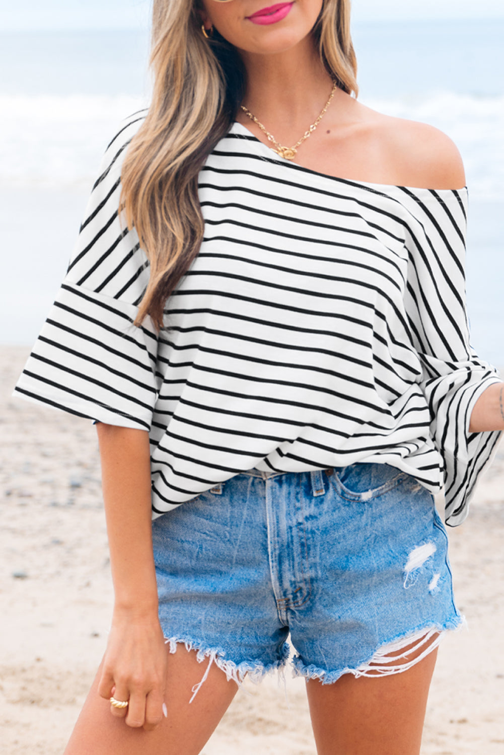 Black Stripe Half Sleeve Scoop Neck Loose Top 🇨🇳
