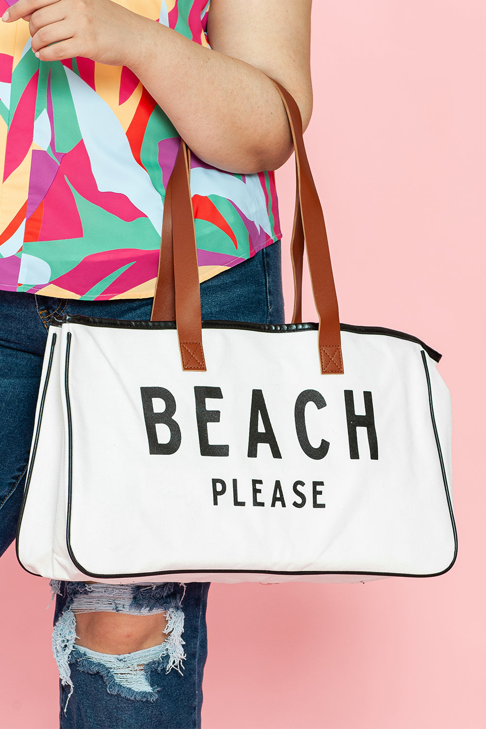 White BEACH PLEASE Print Large Canvas Tote Bag 🇨🇳