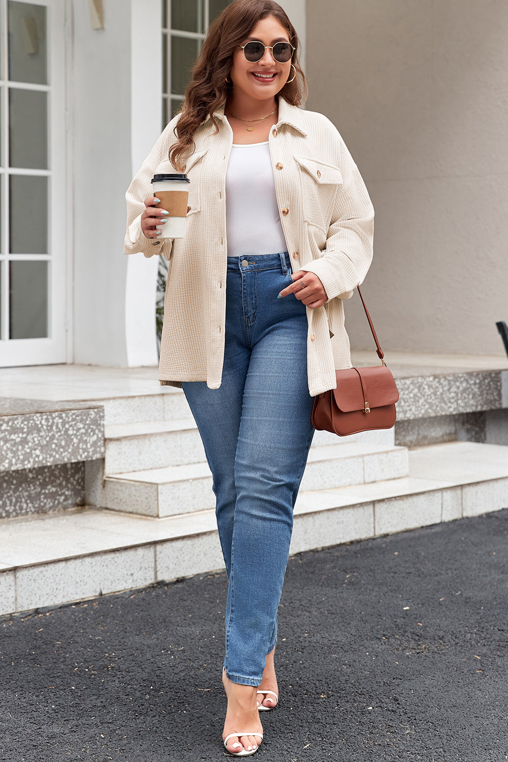 Oatmeal Textured Flap Pockets Buttoned Plus Size Shacket 🇺🇸