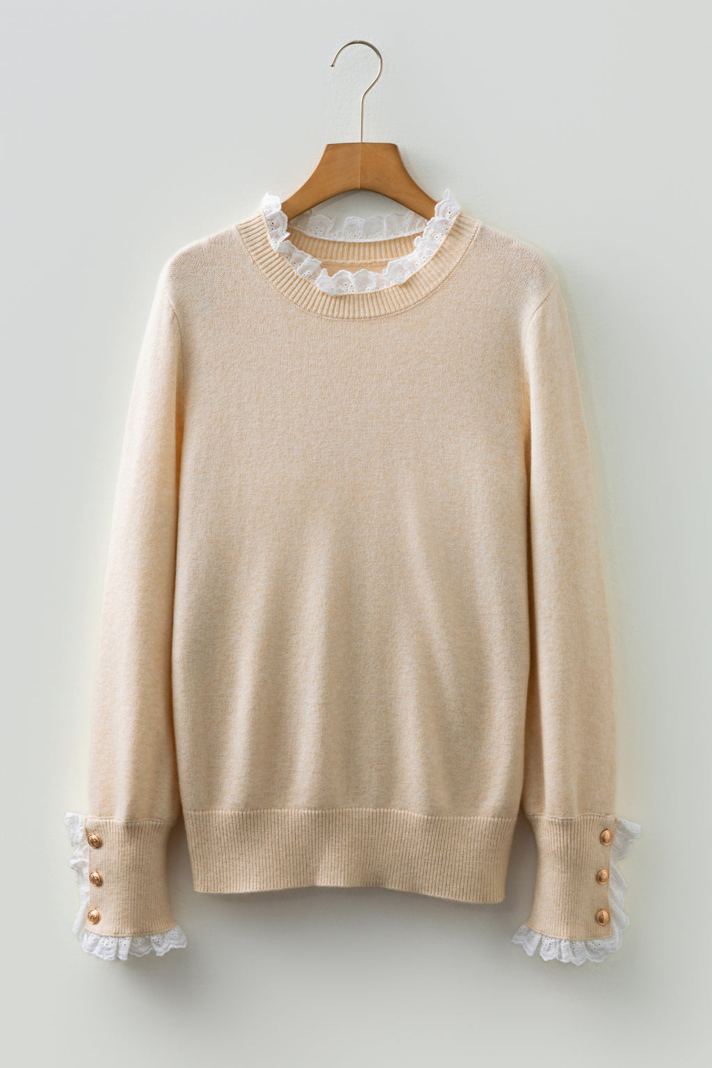 Jet Stream Lace Trim Patchwork Buttoned Cuffs Loose Sweater 🇺🇸