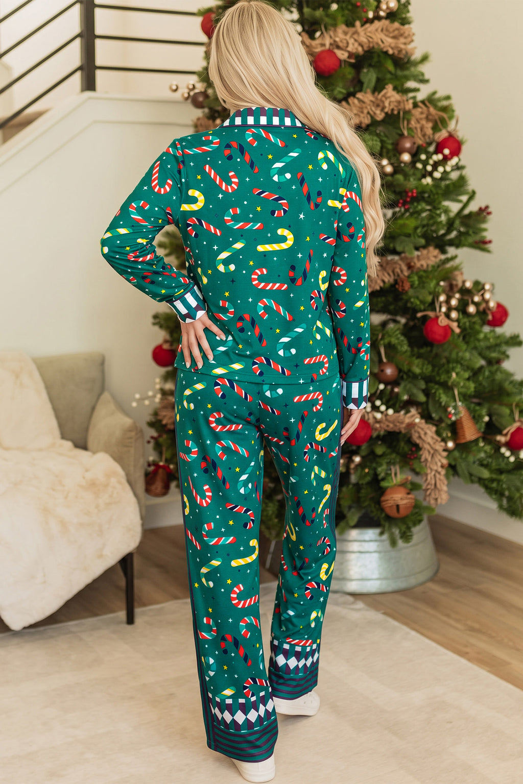 Green Abstract Candy Cane Print Long Sleeve Two Piece Lounge Set 🇺🇸